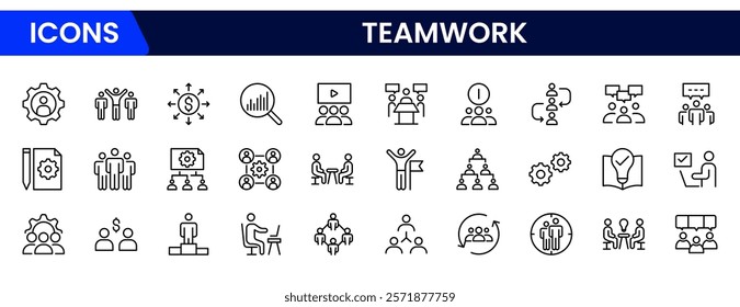 Teamwork linear icons collection. Set of coworking space icons. Business teamwork, team building, work group, and human resources minimal thin line web icon set.