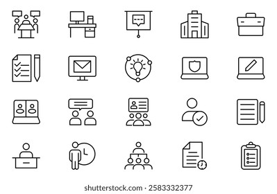 Teamwork linear icons collection. Set of coworking space icons. Business teamwork, team building, work group.
