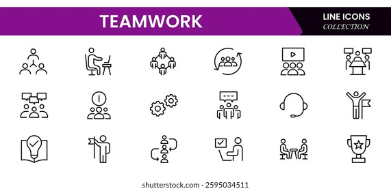 Teamwork linear icons collection. Set of coworking space icons. Business teamwork, team building, work group, and human resources minimal thin line web icon set.