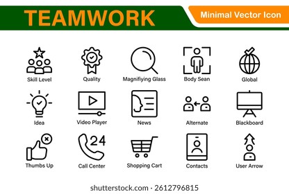 Teamwork linear icons collection. Set of coworking space icons. Business teamwork, team building, work group, and human resources minimal thin line web icon set.