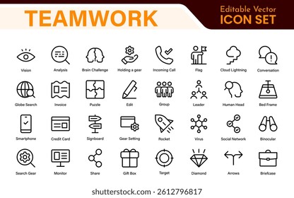 Teamwork linear icons collection. Set of coworking space icons. Business teamwork, team building, work group, and human resources minimal thin line web icon set.