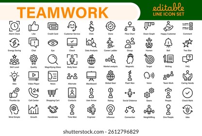 Teamwork linear icons collection. Set of coworking space icons. Business teamwork, team building, work group, and human resources minimal thin line web icon set.