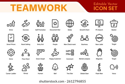 Teamwork linear icons collection. Set of coworking space icons. Business teamwork, team building, work group, and human resources minimal thin line web icon set.