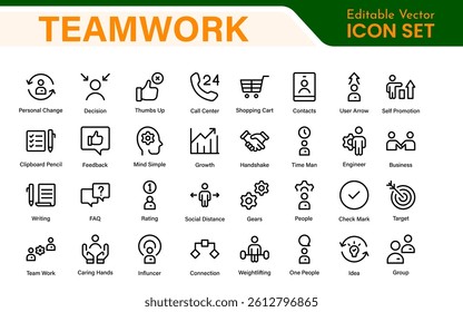 Teamwork linear icons collection. Set of coworking space icons. Business teamwork, team building, work group, and human resources minimal thin line web icon set.