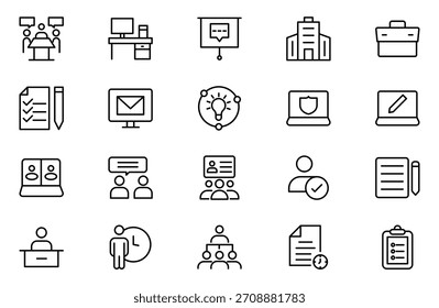 Colección de iconos lineales de trabajo en equipo. Conjunto de iconos de espacio de coworking. El trabajo en equipo del negocio, la formación de equipos, el grupo de trabajo y los recursos humanos minimizan el conjunto de iconos de Web de línea delgada.