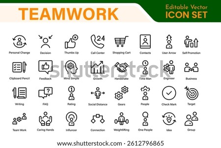 Teamwork linear icons collection. Set of coworking space icons. Business teamwork, team building, work group, and human resources minimal thin line web icon set.