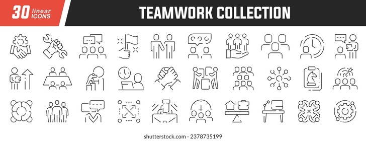 Conjunto de iconos lineales de trabajo en equipo. Colección de 30 iconos en negro