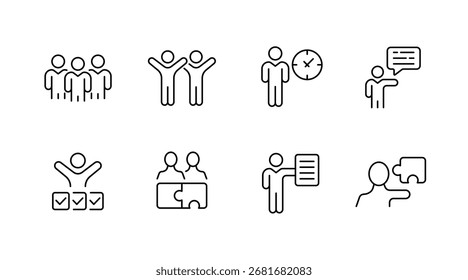 Teamwork linear icons set – outline, group cooperation, collaboration symbols
