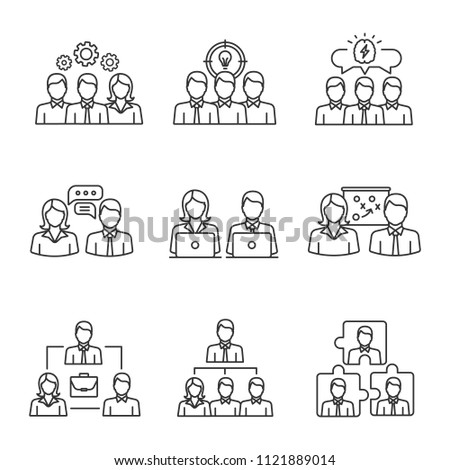 Teamwork linear icons set. Partnership. Staff management. Personnel interaction. Thin line contour symbols. Collective problem solving. Isolated vector outline illustrations. Editable stroke