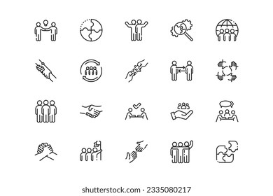 Teamwork lines icon set. Teamwork genres and attributes. Linear design. Lines with editable stroke. Isolated vector icons.