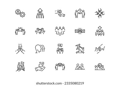 Teamwork lines icon set. Teamwork genres and attributes. Linear design. Lines with editable stroke. Isolated vector icons.