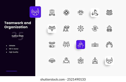 Teamwork lines icon set. Teamwork genres and attributes. Linear design. Lines with editable stroke. Isolated vector icons.