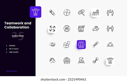 Conjunto de iconos de líneas de trabajo en equipo. Géneros y atributos del trabajo en equipo. Diseño lineal. Líneas con trazo editable. Iconos aislados del vector.