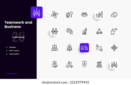 Teamwork lines icon set. Teamwork genres and attributes. Linear design. Lines with editable stroke. Isolated vector icons.