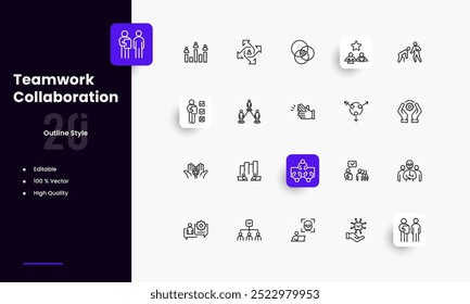 Conjunto de iconos de líneas de trabajo en equipo. Géneros y atributos del trabajo en equipo. Diseño lineal. Líneas con trazo editable. Iconos aislados del vector.