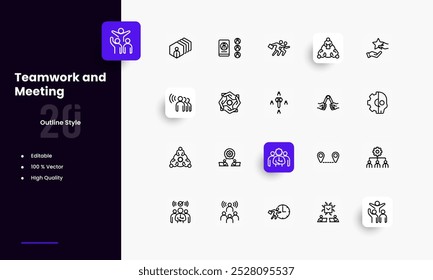 Conjunto de iconos de líneas de trabajo en equipo. Géneros y atributos del trabajo en equipo. Diseño lineal. Líneas con trazo editable. Iconos aislados del vector.