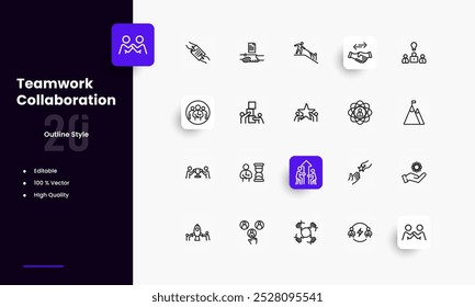 Conjunto de iconos de líneas de trabajo en equipo. Géneros y atributos del trabajo en equipo. Diseño lineal. Líneas con trazo editable. Iconos aislados del vector.