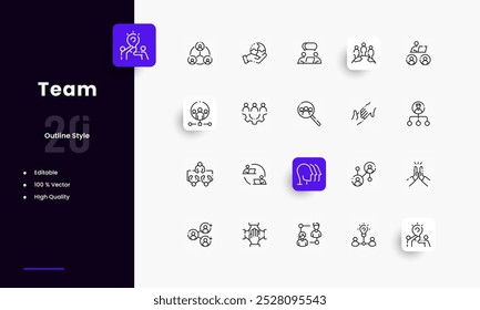 Teamwork lines icon set. Teamwork genres and attributes. Linear design. Lines with editable stroke. Isolated vector icons.