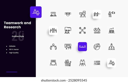 Conjunto de iconos de líneas de trabajo en equipo. Géneros y atributos del trabajo en equipo. Diseño lineal. Líneas con trazo editable. Iconos aislados del vector.