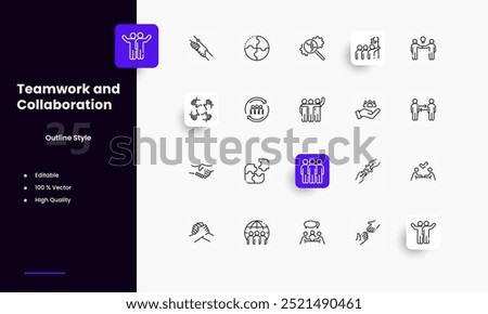 Teamwork lines icon set. Teamwork genres and attributes. Linear design. Lines with editable stroke. Isolated vector icons.