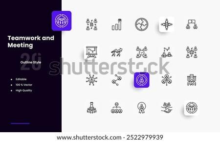 Teamwork lines icon set. Teamwork genres and attributes. Linear design. Lines with editable stroke. Isolated vector icons.