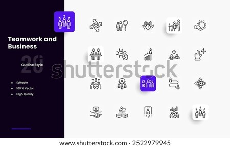 Teamwork lines icon set. Teamwork genres and attributes. Linear design. Lines with editable stroke. Isolated vector icons.