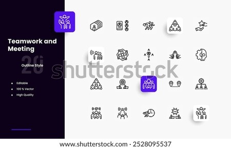 Teamwork lines icon set. Teamwork genres and attributes. Linear design. Lines with editable stroke. Isolated vector icons.