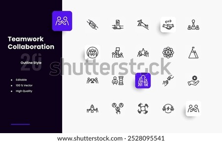 Teamwork lines icon set. Teamwork genres and attributes. Linear design. Lines with editable stroke. Isolated vector icons.
