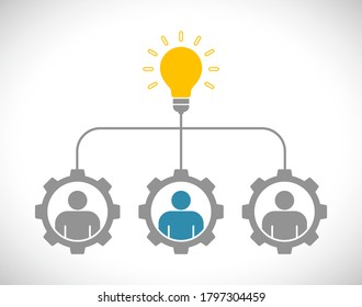 Teamwork linking people with gears and light bulb icon concept