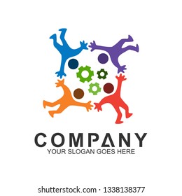 Teamwork logo design. Vector logo of colorful people group with gear shape in circle shape