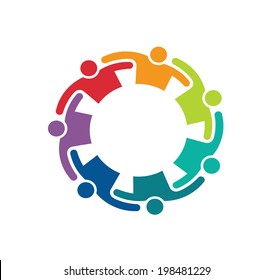 Teamwork Logo Embrace 7 Group Of People.Concept Of Commitment,teaming Up, United, Relationship And Collaboration. Vector Icon