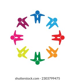 logotipo de trabajo en equipo con un grupo de ocho personas en círculo	