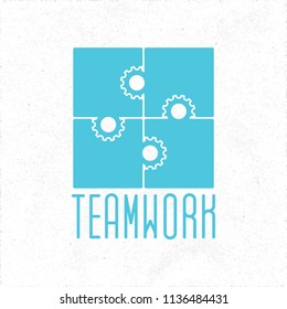 Teamwork Logo Lettering with 4 Pieces Puzzle with Gears Signs Instead of Tabs and Blanks Creative Concept - Blue Elements on White Rough Paper Background - Vector Contrast Graphic Design
