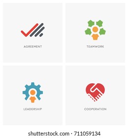 Teamwork logo set. Palm with checkmark, head with colleagues and gear wheel symbol, two hands make a deal and heart shape - business contract, cooperation, handshake and partnership icons.