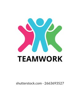 Teamwork logo showing three abstract people figures in pink, blue, and green color variants. It is accompanied by the word TEAMWORK below on white background.