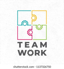Teamwork Logo Style Outlined Colored Icon Depicting 4 Pieces Puzzle with Gears Signs Instead of Tabs and Blanks - Multicolor on White Rough Paper Background - Vector Contrast Graphic Design