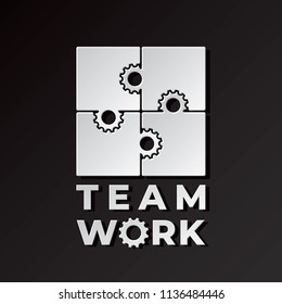 Teamwork Logo Style Relief 4 Pieces Puzzle Icon with Gears Signs Instead of Tabs and Blanks Creative Concept - Grey Elements on Black Background - Vector Flat Graphic Design
