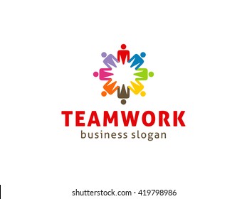 Teamwork Logo,People logo.Colorful People Flower Logo Human social community partnership concept logo vector icon. Group of eight persons. 