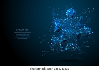 Teamwork Low Poly Wireframe Concept. Puzzle Vector Art. Polygonal Wireframe Puzzle Piece Sign With Starry Sky Style On Dark Blue With Dots, Stars. Abstract 3d Image.