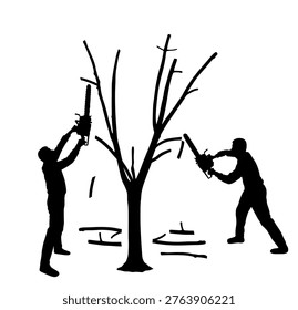 Teamwork lumberjacks chainsaw pruning cut branch of tree vector silhouette illustration isolated. Logger hard worker. Lumberman job. Woodcutter man with saw. Forester work in yard, wood maintenance.