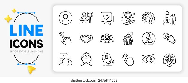 Teamwork-, Lungen- und Handshake-Line-Icons zum App umfassen Heart, Auction, Bitcoin Project Outline Thin Icon. Headshot, Teamarbeit der Mitarbeiter, Piktogramm-Symbol für Gehirn-Arbeit. Vektorgrafik