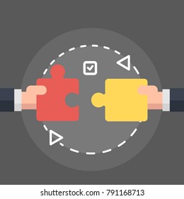 Teamwork make the dream work. Business teamwork concept. Two businessman connecting puzzle element. Symbol of working together, cooperation, partnership. Flat style