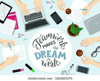 Teamwork makes the dream work lettering. Business meeting vector illustration. Group of people working around the table in the office. Successful teamwork concept.