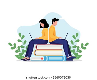 O trabalho em equipe faz o sonho funcionar com recursos de biblioteca e aprendizado on-line hoje. Ilustração de vetor de design plano