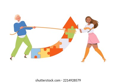 Teamwork with Man and Woman Employee Pulling Arrow Up Engaged in Successful Collaboration Vector Illustration