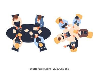 Teamwork with Man and Woman Office Worker Brainstorming at Round Table Discussing Project Above View Vector Set