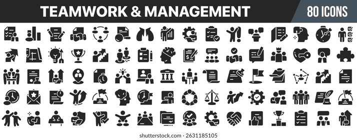 Colección de iconos negros de trabajo en equipo y gestión. Icono grande de la interfaz de usuario establecido en un diseño plano. Ilustración vectorial EPS10