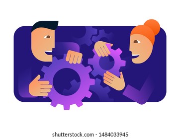 Teamwork management business concept - abstract people collects gear box mechanism - isolated vector illustration