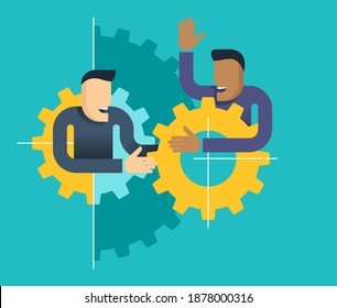 Concepto de negocio de gestión de trabajo en equipo - dos personas abstractas coleccionan mecanismo de caja de engranajes - ilustración vectorial aislada