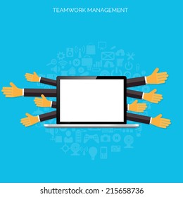 Teamwork management concept. Flat icons. Global communication and working experience. Business, briefing organization. Money making and analyzing.